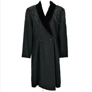 Nancy Johnson Coat Dress Wrap Vintage Black Wool Size S M Beaded Dressy Cocktail